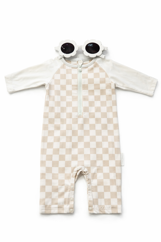 ZIP-UP TODDLER SWIMSUIT WITH SUNGLASSES SET - CHEQUERED SAND | NURSERY TIME