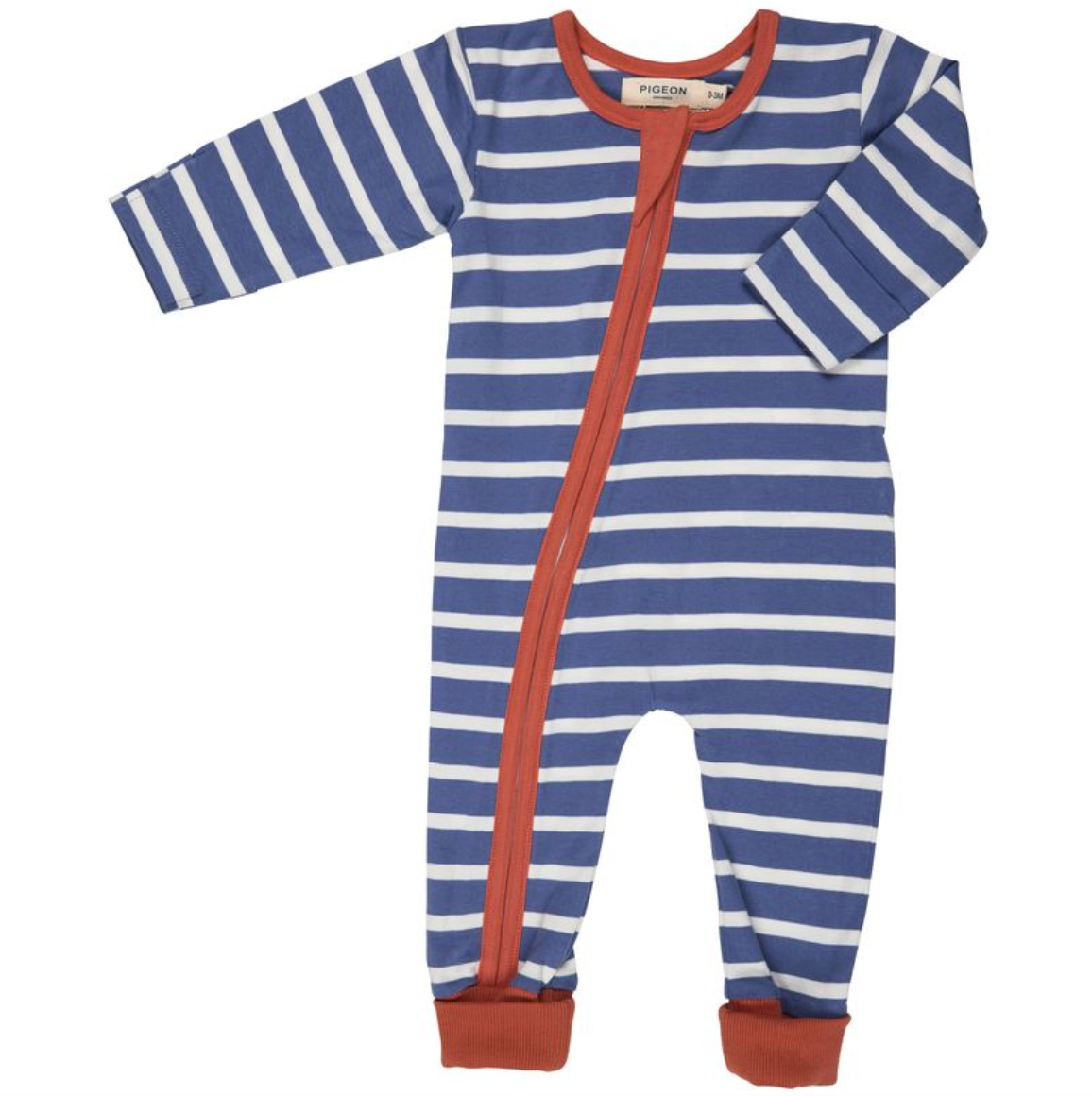 Blue and white Pigeon Organics striped baby onesie with orange red zipper and cuffs on a white background