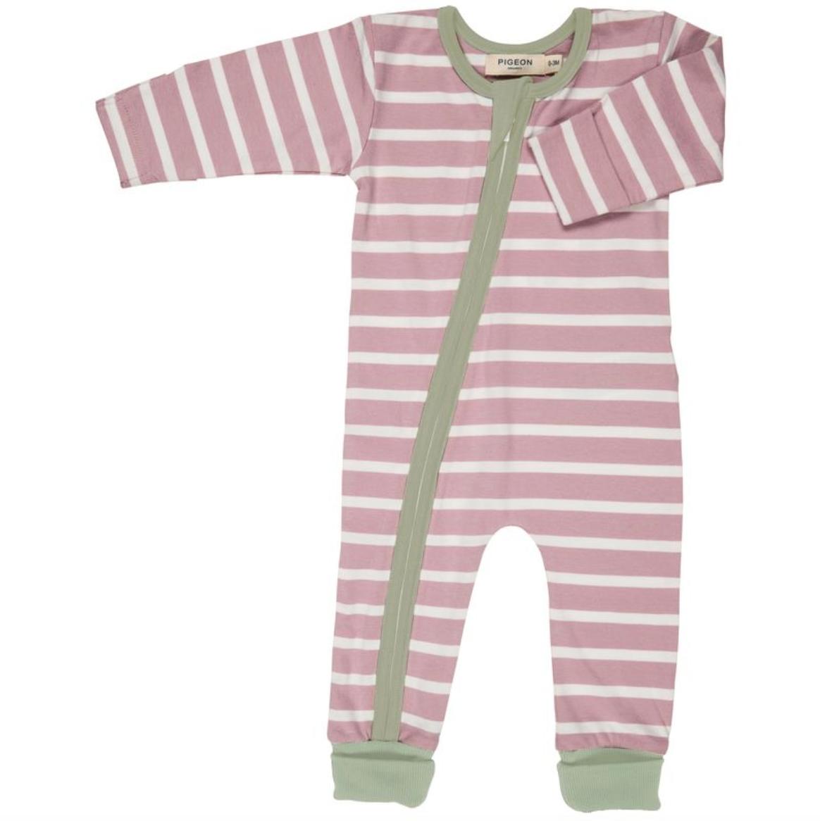 Striped Pigeon Organics baby onesie with a green zipper on a white background