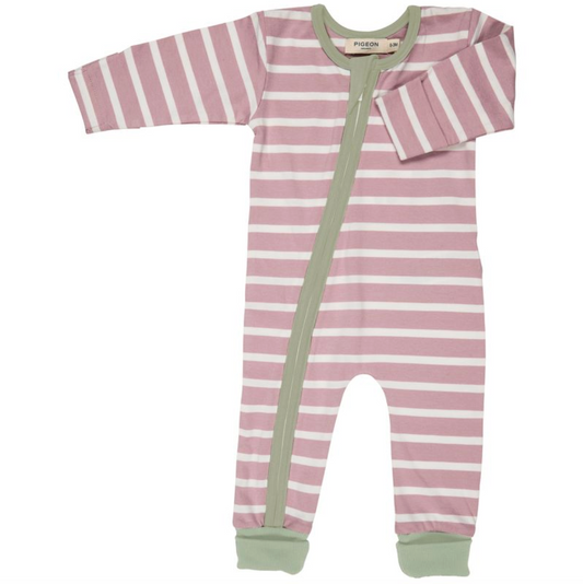 Striped Pigeon Organics baby onesie with a green zipper on a white background
