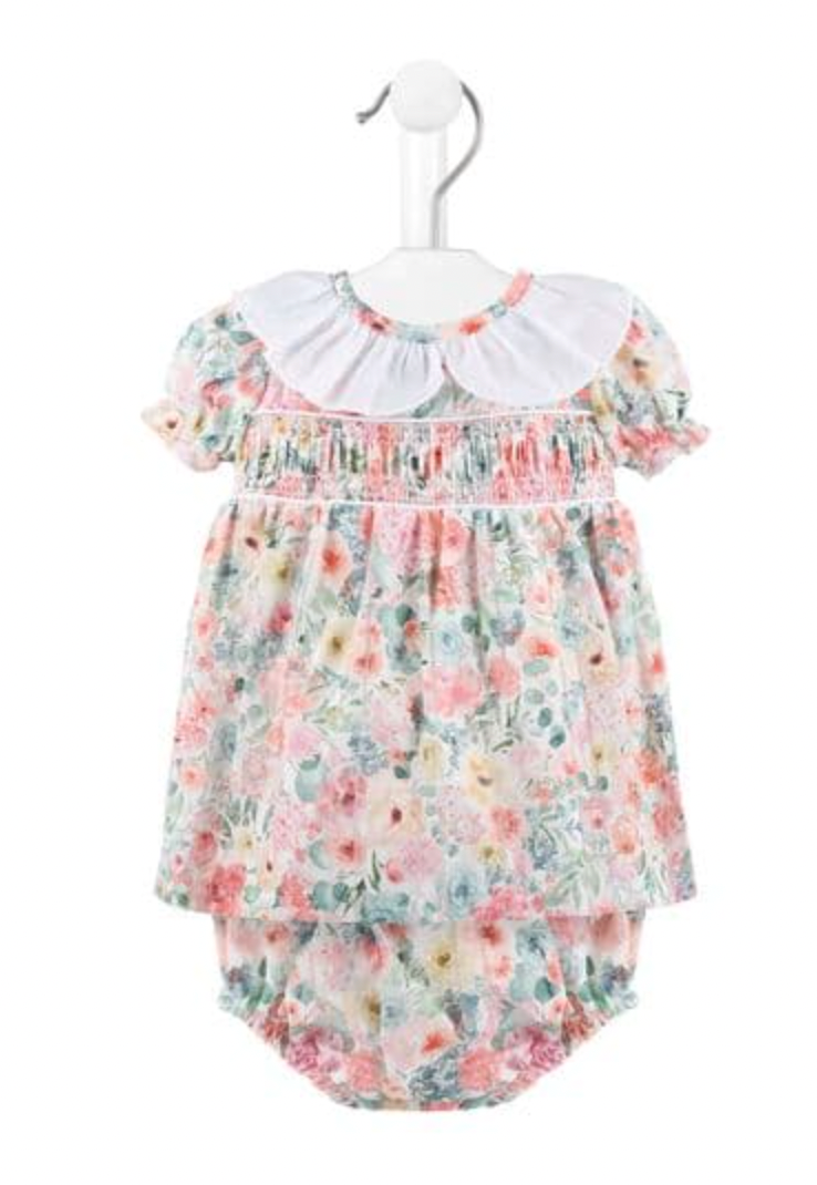 Dandelion traditional two-piece floral cotton summer smock dress and matching pants set for baby girls.