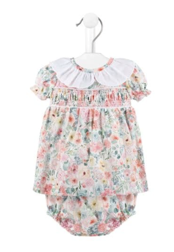 Dandelion traditional two-piece floral cotton summer smock dress and matching pants set for baby girls.