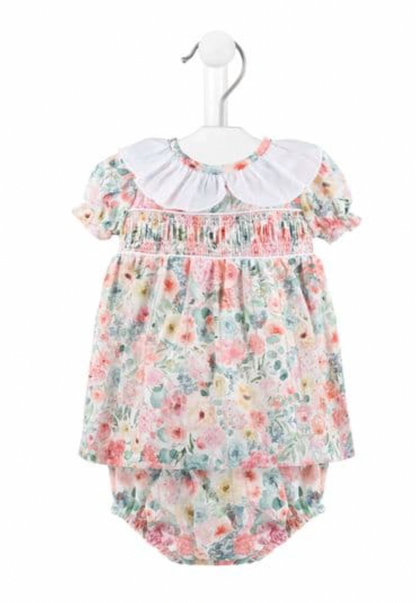 Dandelion traditional two-piece floral cotton summer smock dress and matching pants set for baby girls.