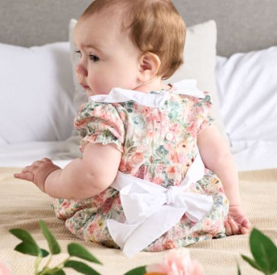 Back view of the Dandelion floral cotton smock dress showing the traditional two-button closure detail.