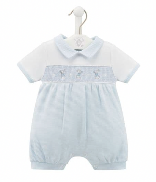 Dandelion traditional baby blue cotton summer romper outfit with embroidered rabbit smocking.