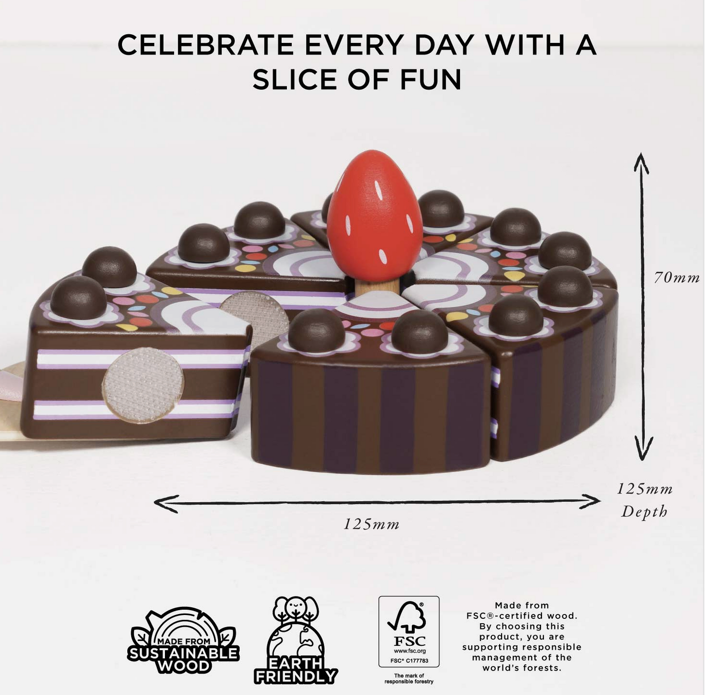 Wooden toy cake with candles on a white background, featuring dimensions and sustainability logos.