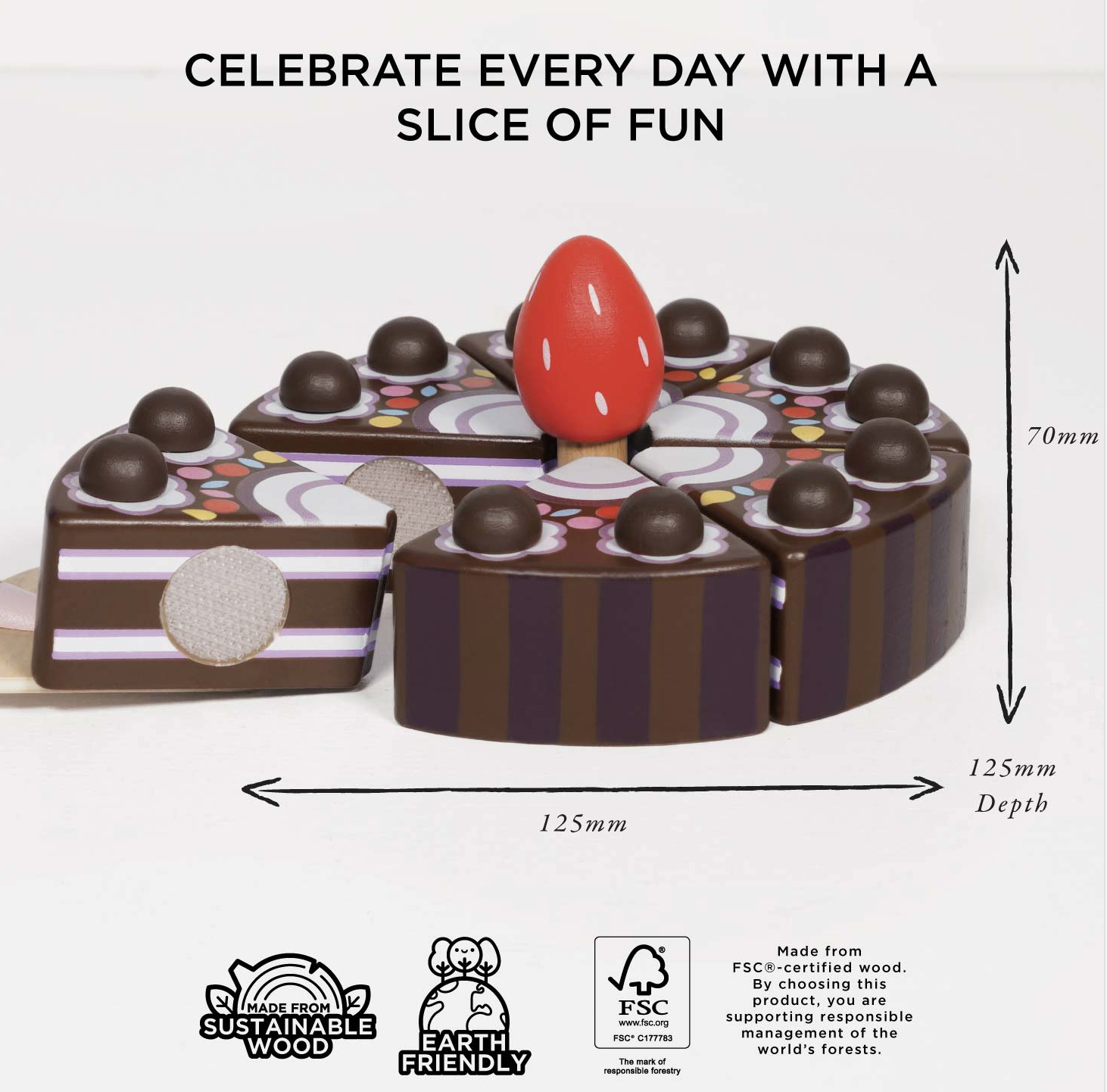 Wooden toy cake with candles on a white background, featuring dimensions and sustainability logos.