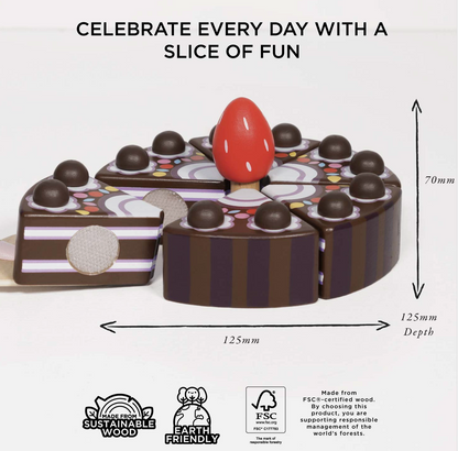 Wooden toy cake with candles on a white background, featuring dimensions and sustainability logos.