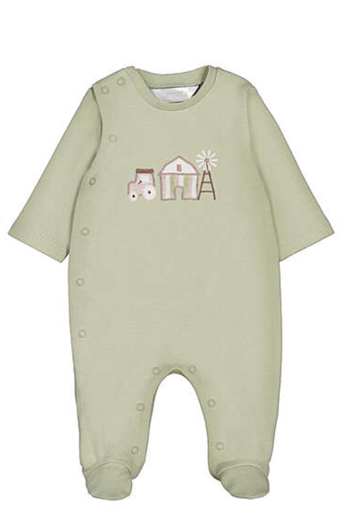 Mayoral baby sage green sleepsuit with embroidered farm scene showing tractor, barn and windmill on chest, integrated feet and snap fastenings, flat lay on white background
