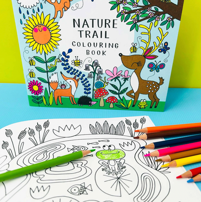 Nature Trail coloring book with coloring page and colored pencils. Rachel Ellen Nature Trail Colouring Book | Annabel's of Cranbrook