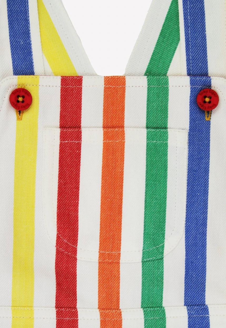 The Toby Tiger happy stripe organic woven dungarees styled beautifully as a premium, eco-friendly unisex baby clothing gift.