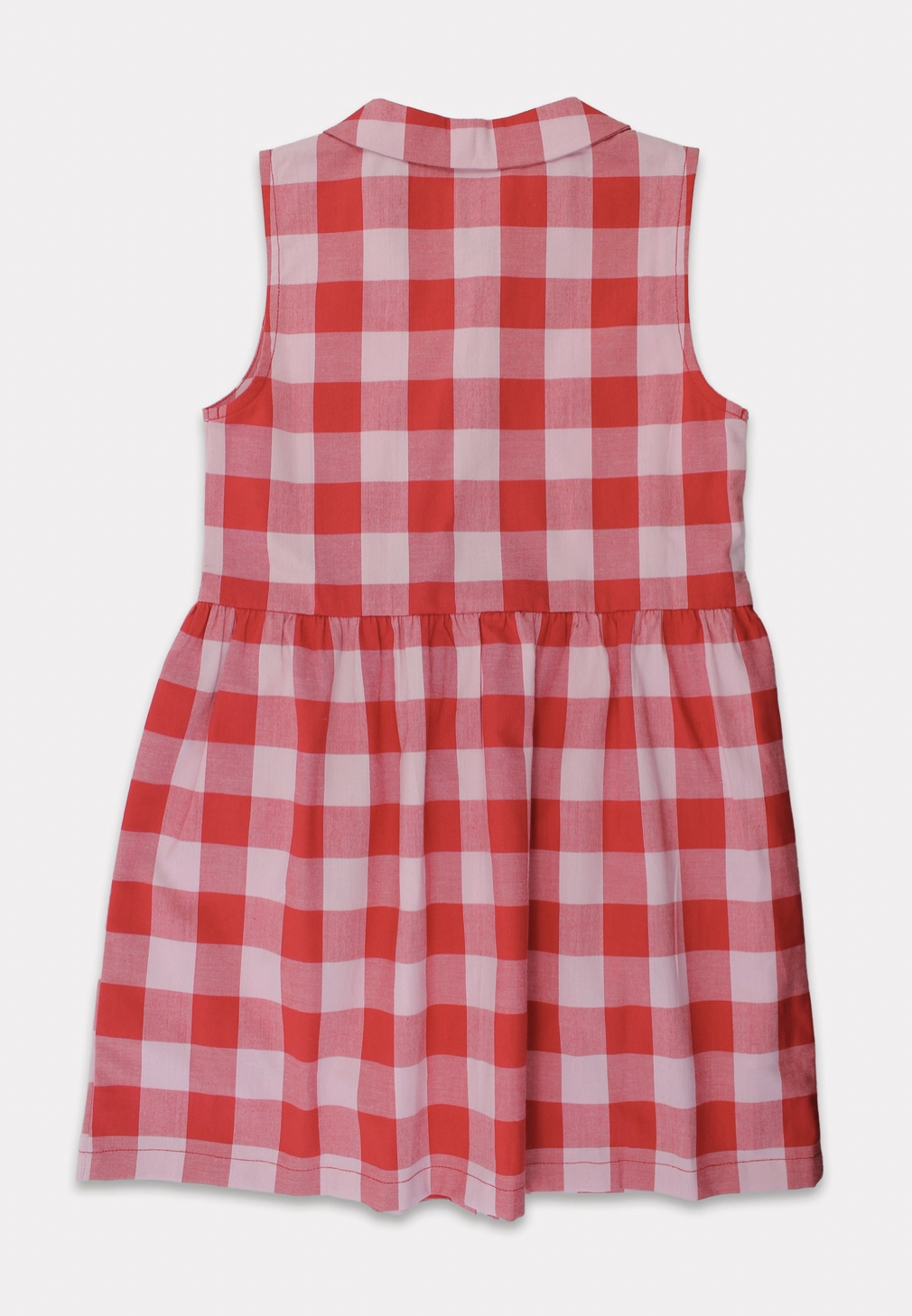 Back view of the Toby Tiger organic red gingham dress showing the full-length button closure detail.
