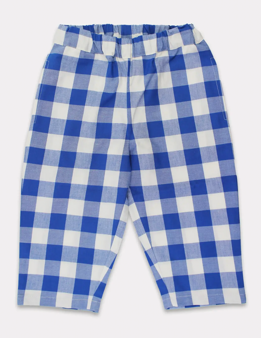 Toby Tiger traditional blue and white gingham check woven organic cotton trousers for babies and toddlers.