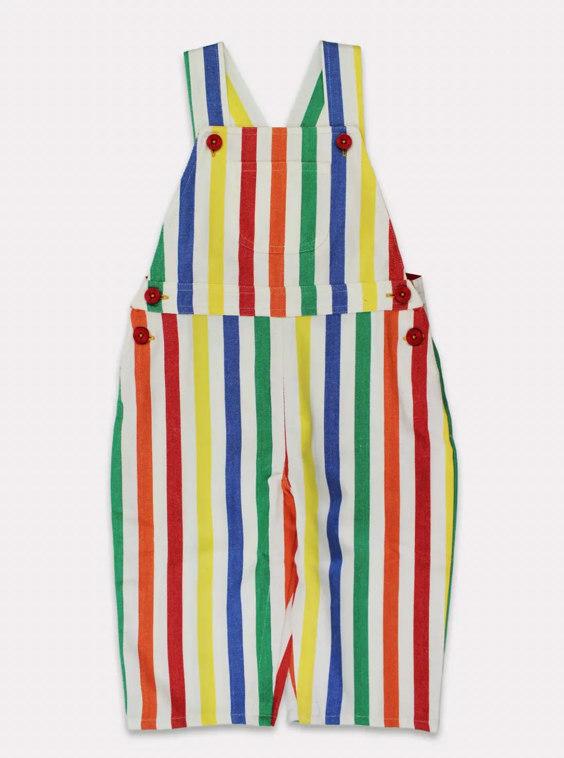 Toby Tiger colorful multi-colored rainbow happy stripe woven organic cotton dungarees for babies and toddlers.