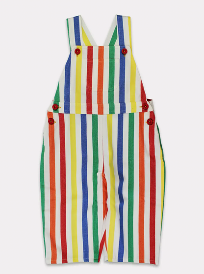 Toby Tiger colorful multi-colored rainbow happy stripe woven organic cotton dungarees for babies and toddlers.