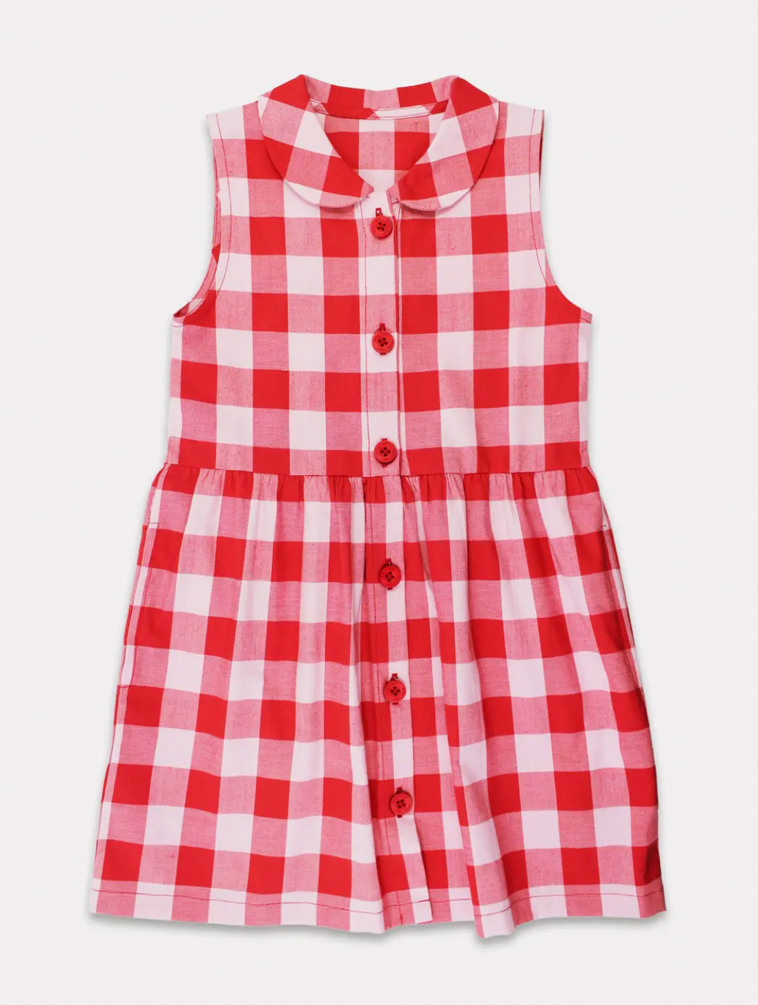 Toby Tiger traditional red and white gingham woven organic cotton dress for babies and toddlers.
