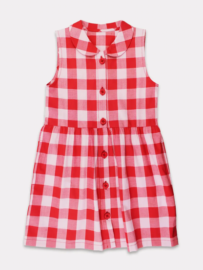 Toby Tiger traditional red and white gingham woven organic cotton dress for babies and toddlers.
