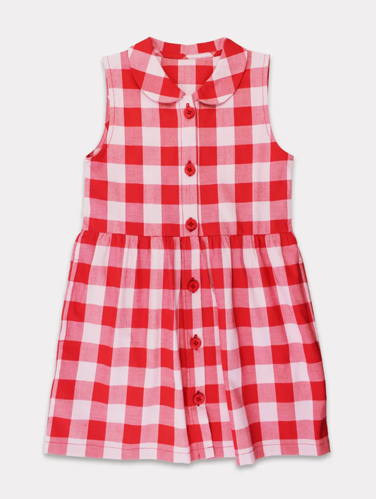 Toby Tiger traditional red and white gingham woven organic cotton dress for babies and toddlers.