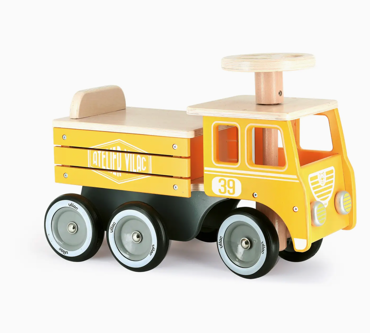 Vilac traditional wooden construction truck ride-on toy for toddlers in vintage yellow and black finish.